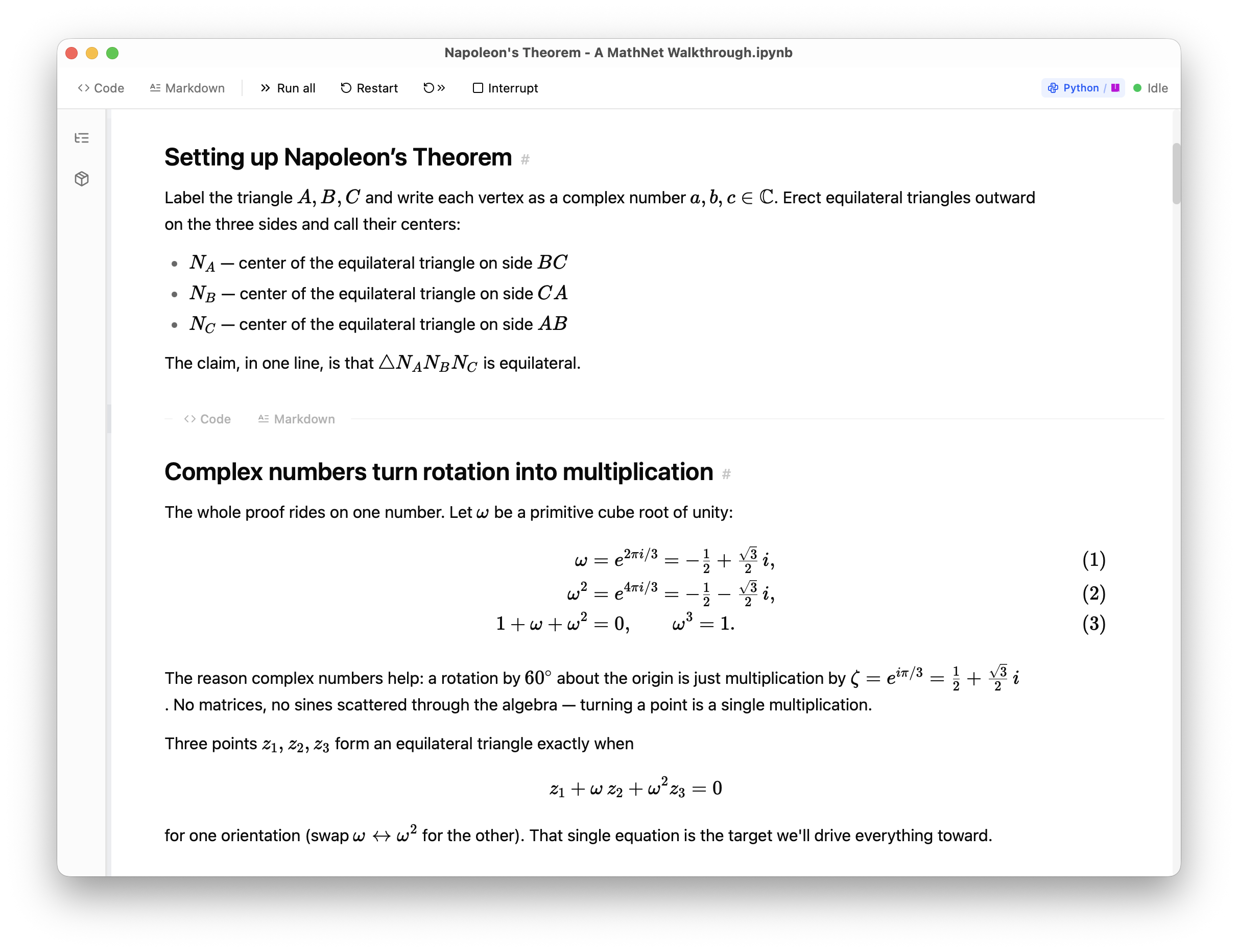 A notebook rendering bare TeX as math: a list with inline math, equation-numbered align blocks, and display equations